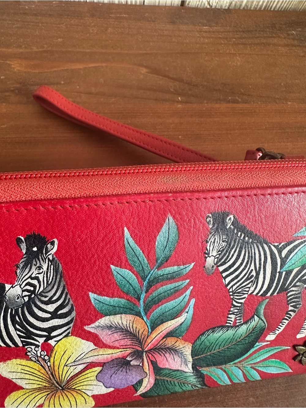 Anuschka Hand Painted Red Zebra & Tropical Floral Crossbody Wristlet Bag - Picture 6 of 16